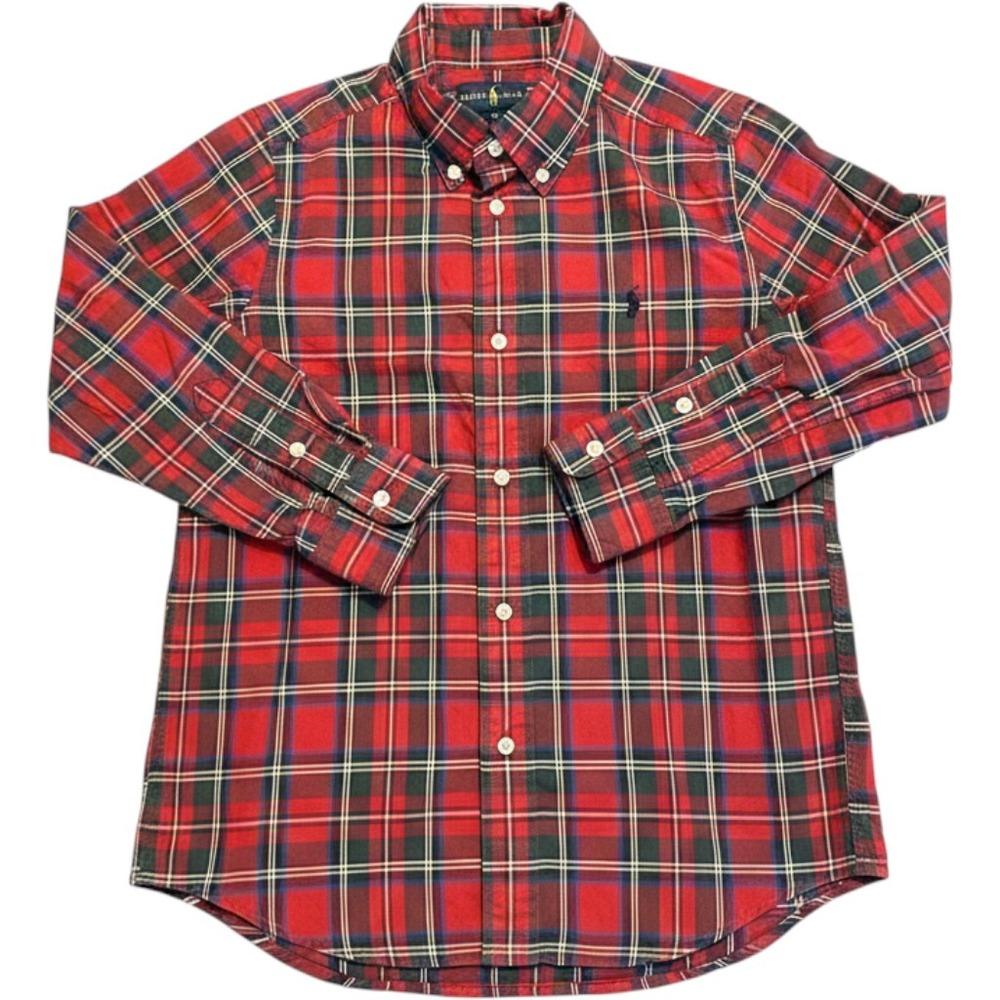 Ralph Lauren Boys Red Plaid Button Down Shirt Size 7 Long Sleeve Cotton‎ Pony